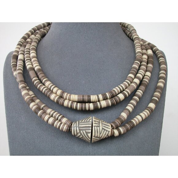 Handcrafted Tribal-Inspired Two Strand Necklace With Brown & Cream Discs Beads - Picture 2 of 5